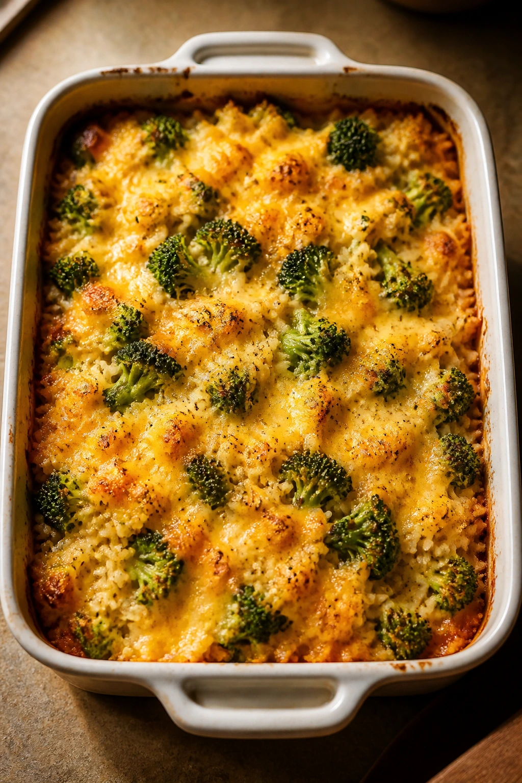 Top view of broccoli cheddar rice casserole bubbling in dish