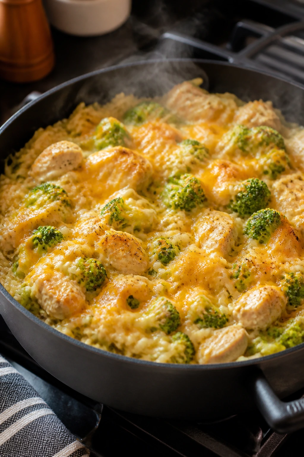 Close-up of broccoli cheddar chicken rice skillet with steam