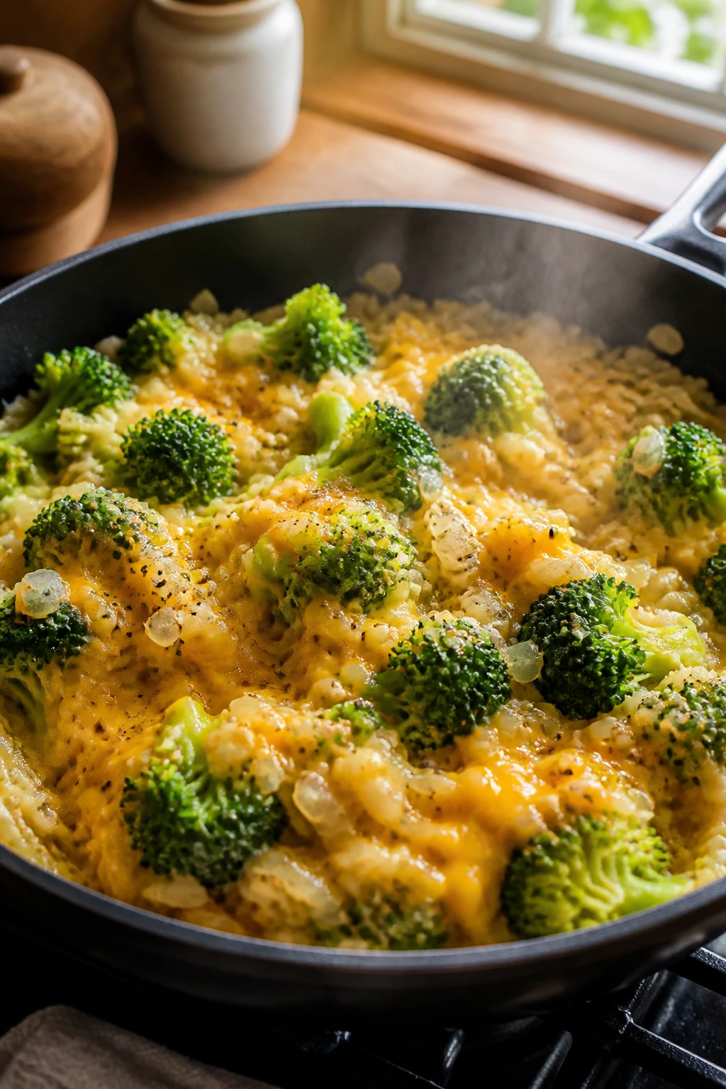 Close-up of broccoli cheddar rice skillet with broccoli and melted cheese on a stovetop