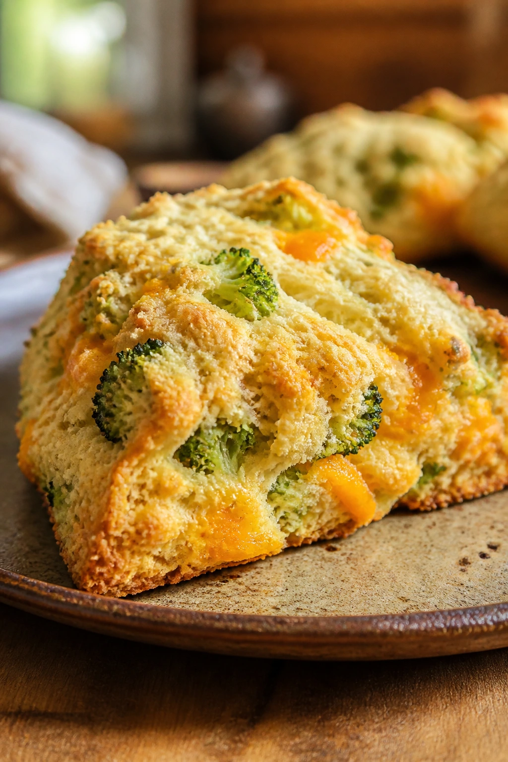 Savory broccoli cheddar scone on a rustic plate