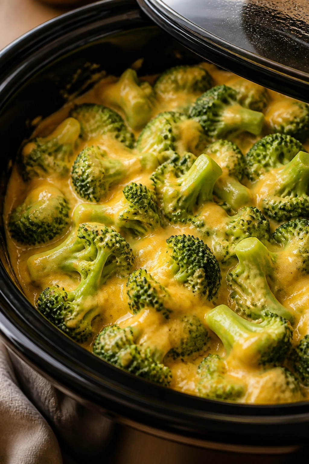 Close-up of broccoli cheddar in a slow cooker, bright greens and creamy cheese sauce.