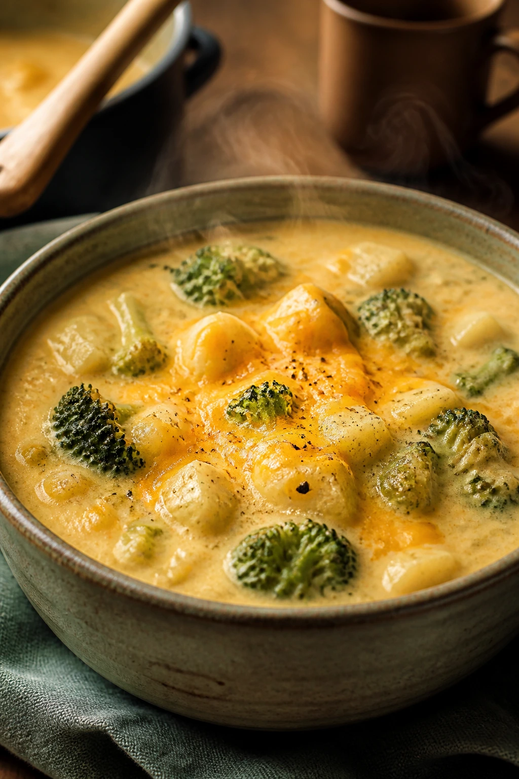Creamy broccoli cheddar potato soup in a rustic bowl