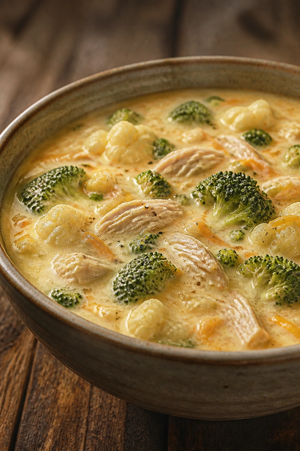 Creamy broccoli cheddar soup with cauliflower and chicken in a bowl.