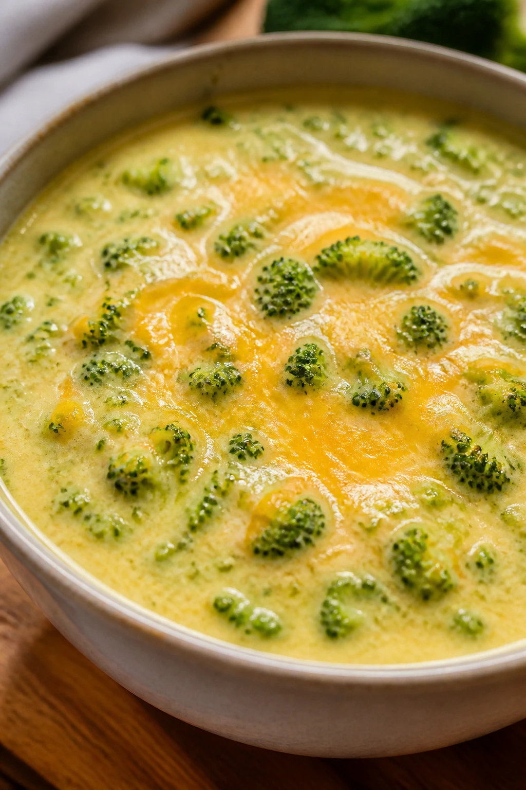 Close-up of broccoli cheddar soup in a bowl with broccoli pieces and melted cheddar