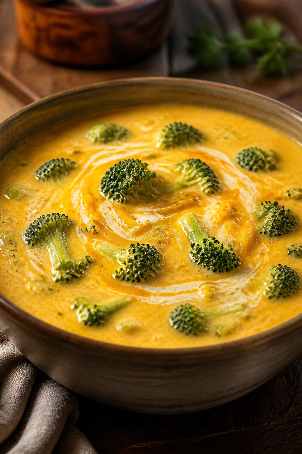 Thick broccoli cheddar soup with broccoli florets in cheddar broth.