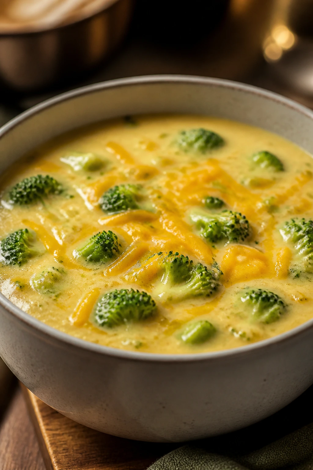 Creamy broccoli cheddar soup with broccoli florets and cheddar