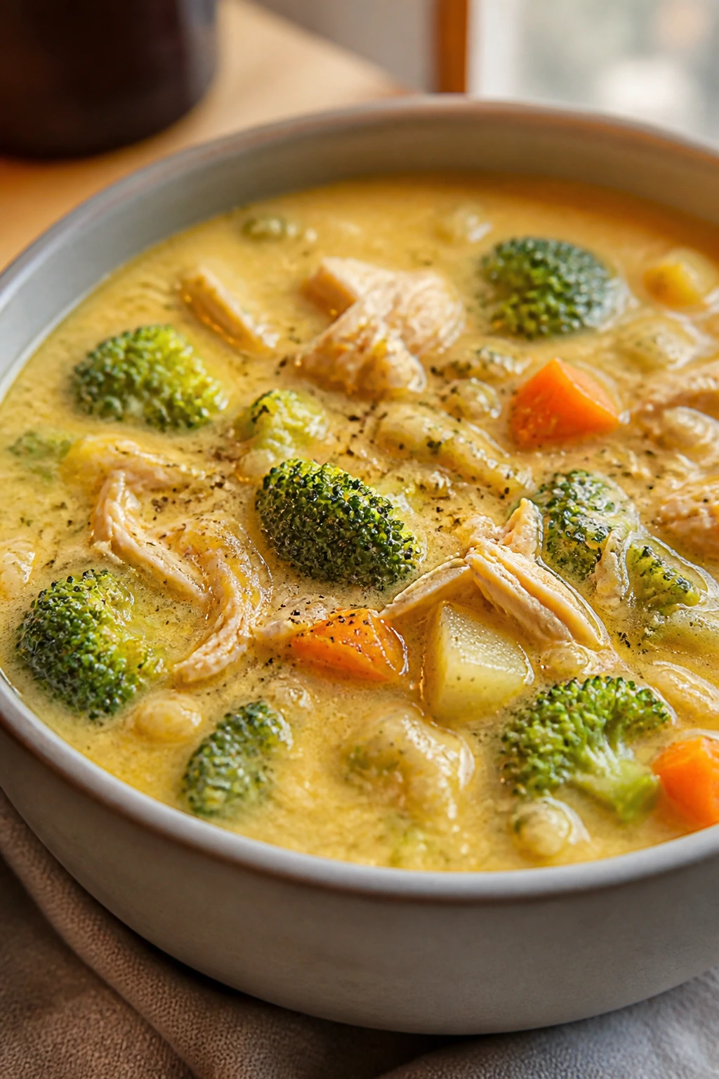 Creamy broccoli cheddar chicken soup with broccoli pieces