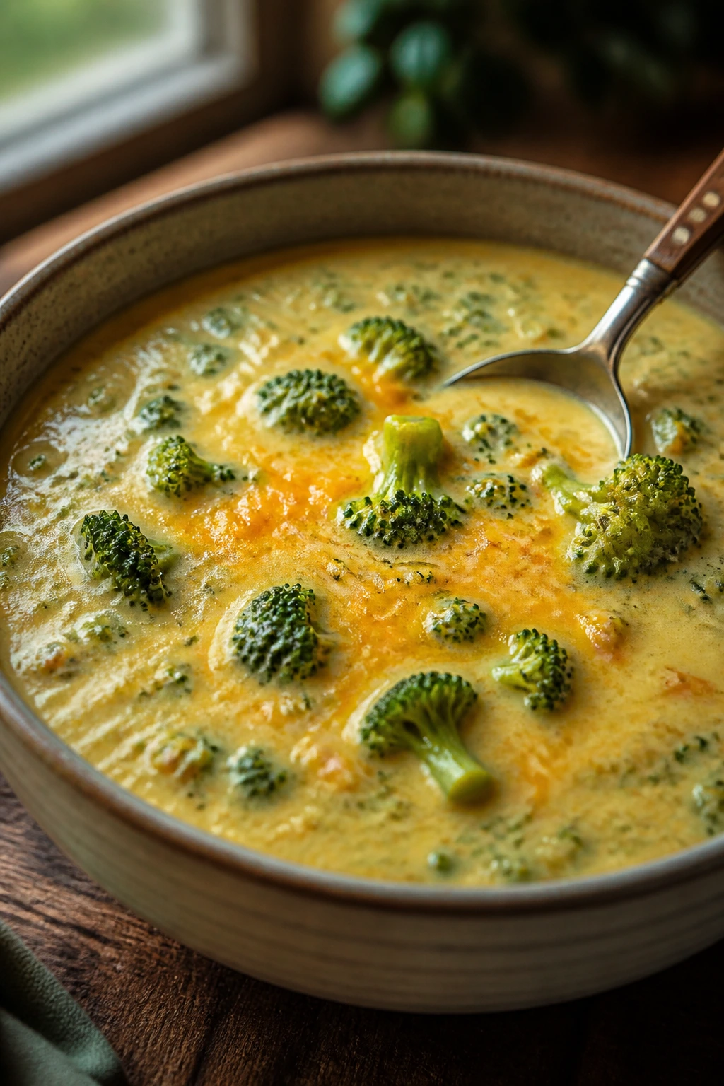 Close-up of broccoli cheddar soup with broccoli and cheddar in a rustic bowl