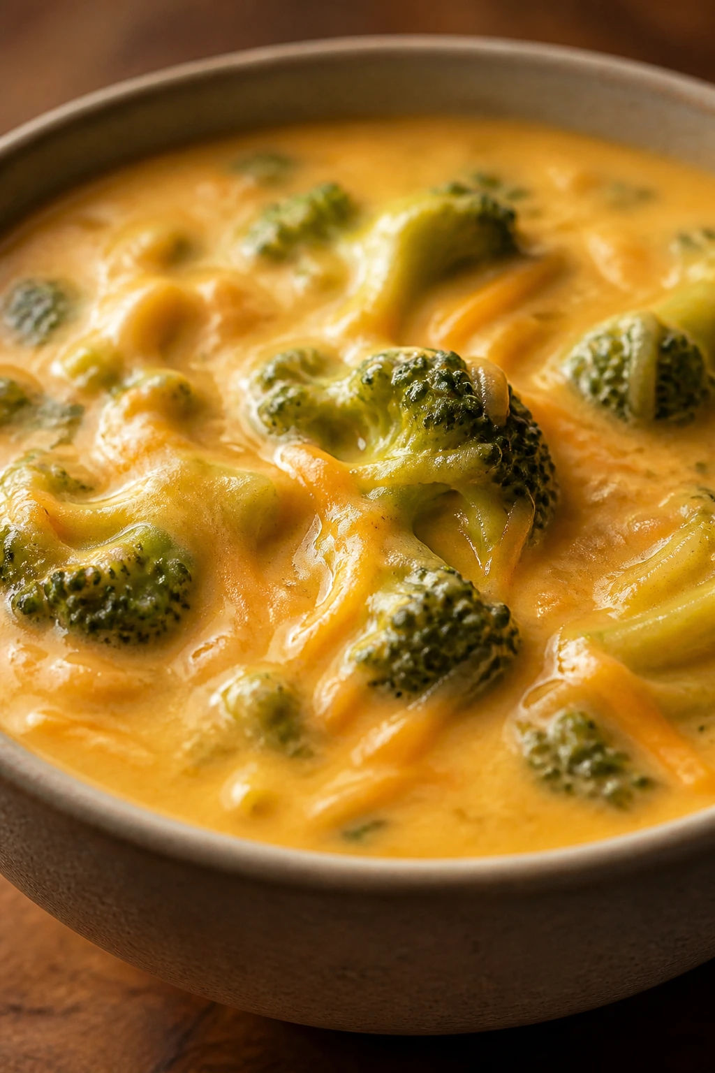 Broccoli cheddar soup in a bowl with broccoli pieces