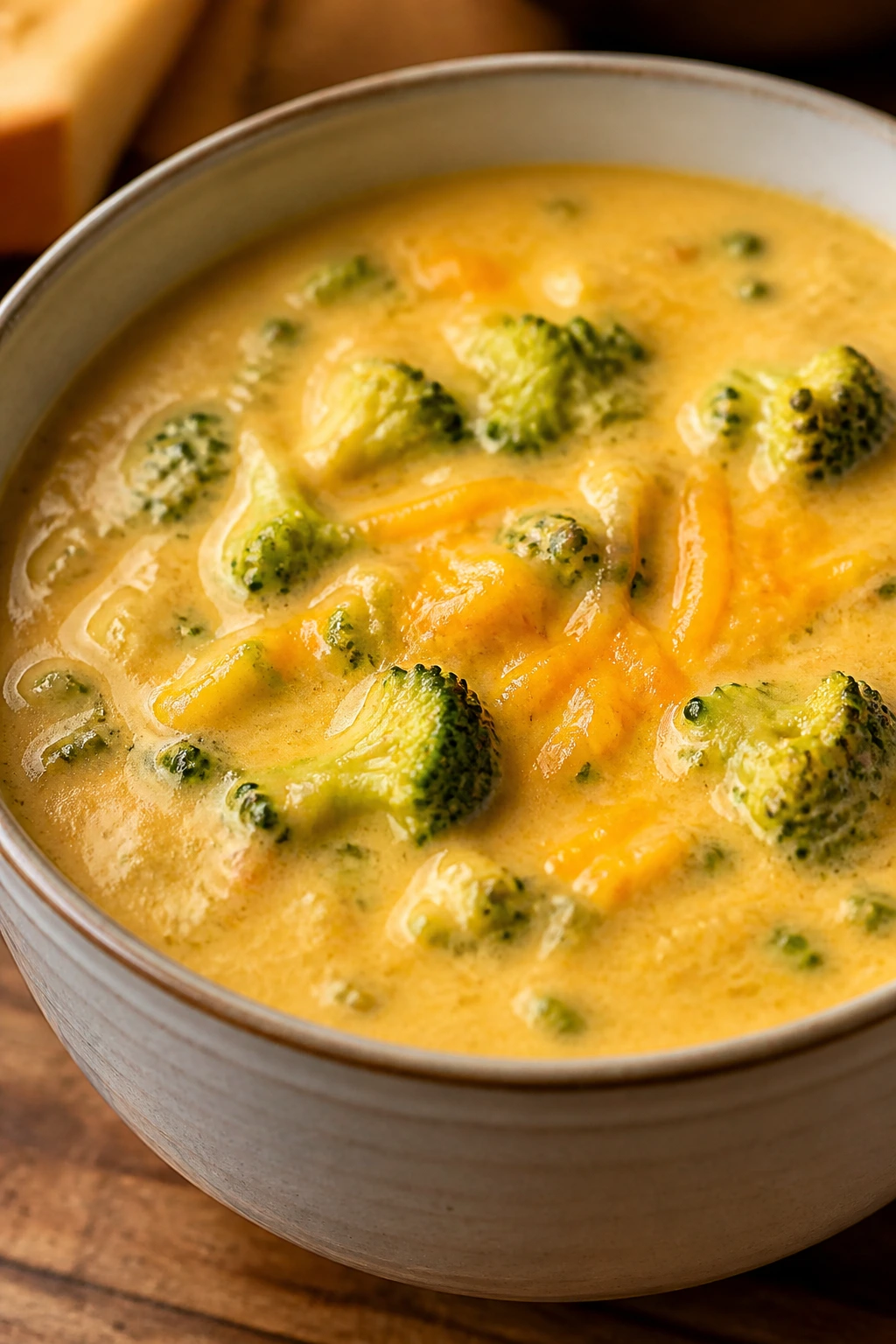 Close-up of broccoli cheddar soup with broccoli florets in cheddar broth