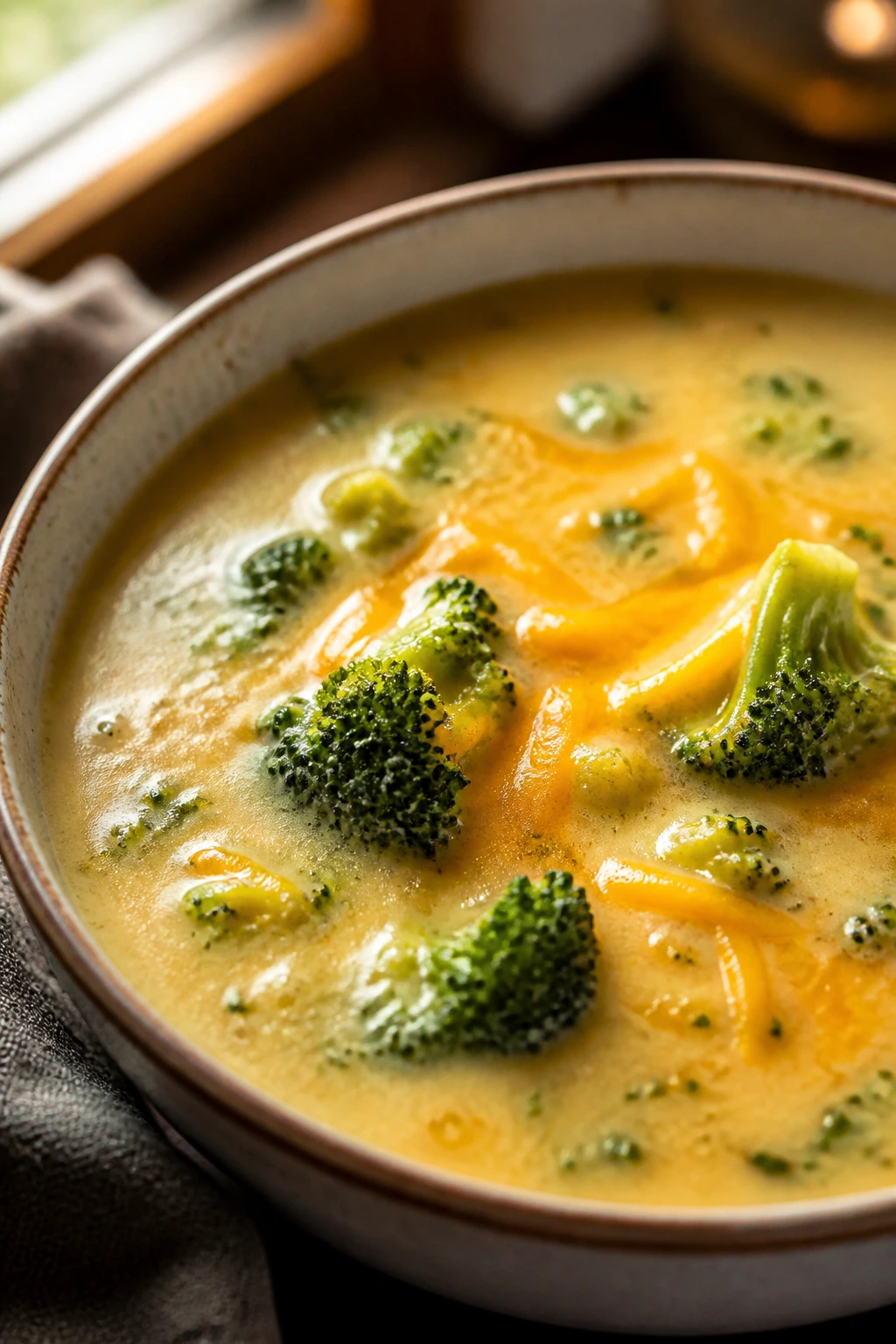 Creamy broccoli cheddar soup with broccoli florets