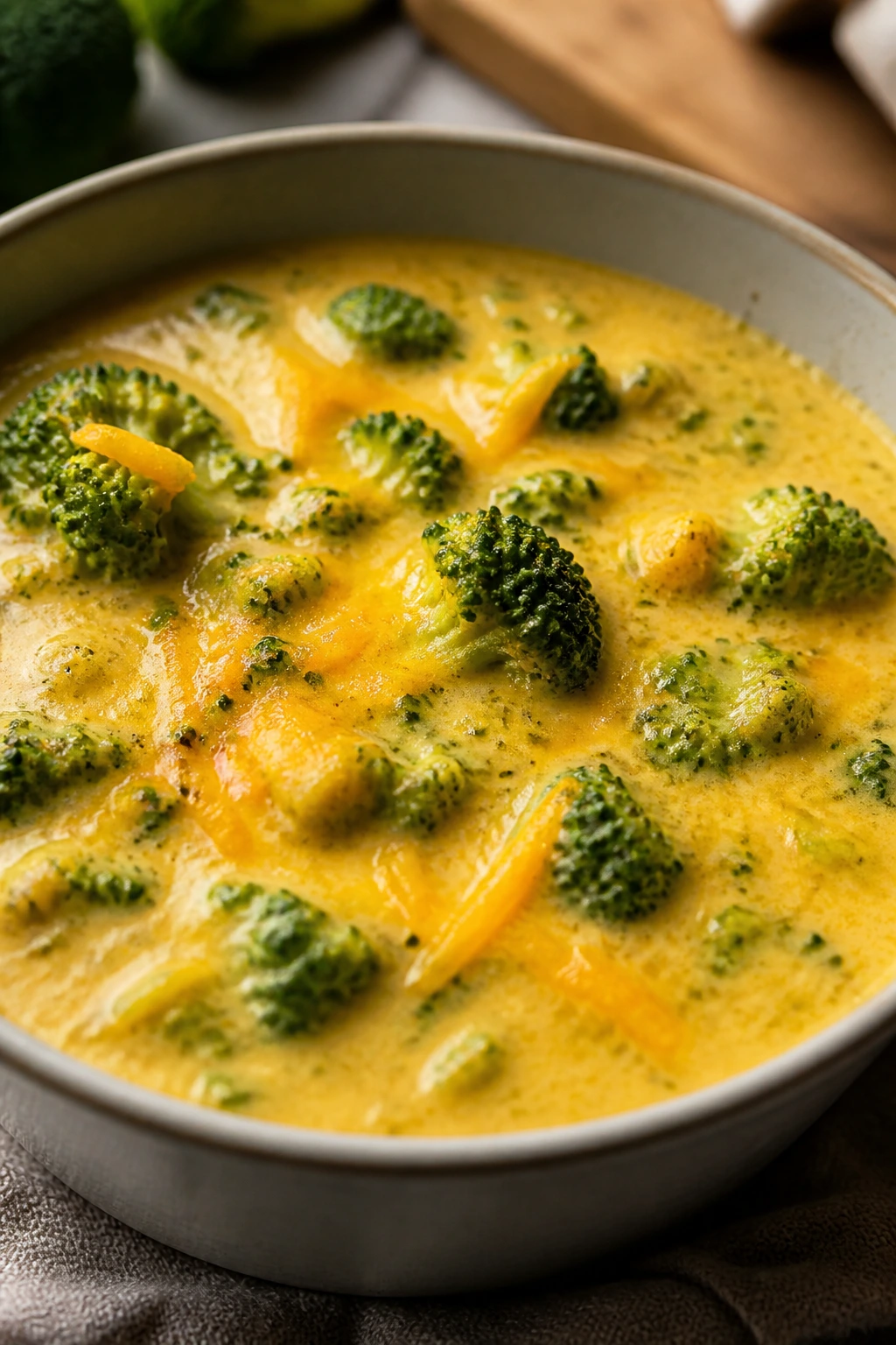 Close-up of broccoli cheddar soup in a bowl with broccoli florets