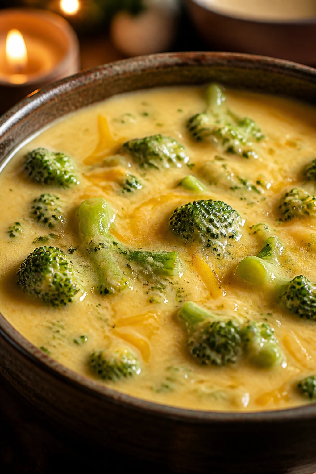 Close-up of broccoli cheddar soup in a bowl with broccoli pieces and melted cheddar.