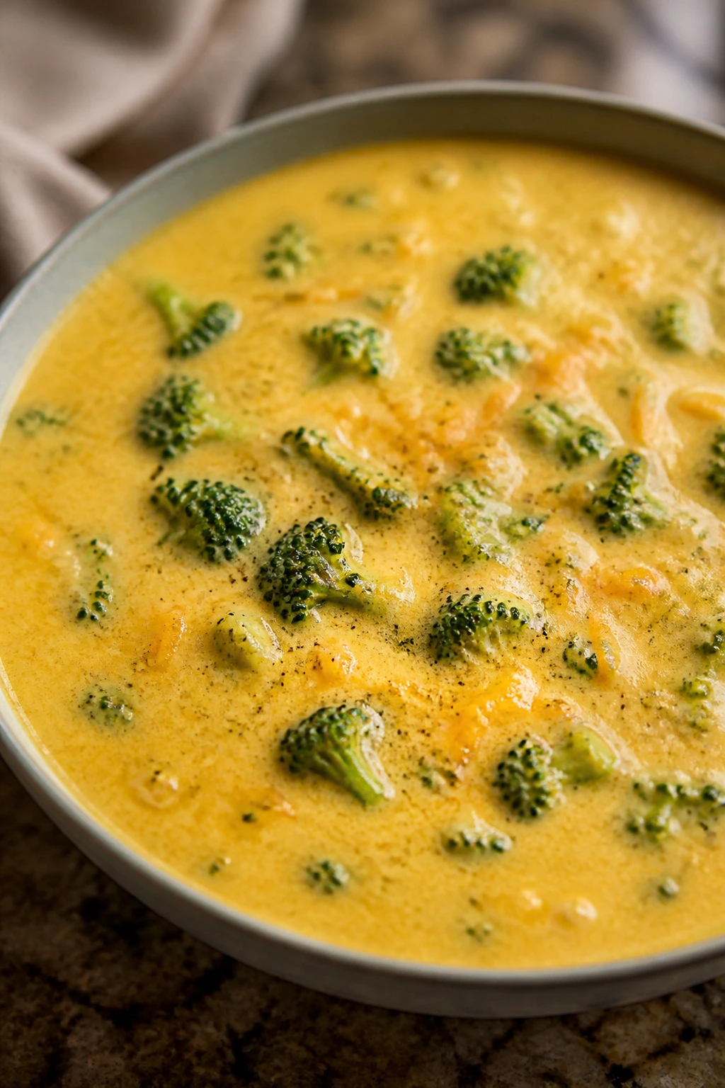 Close-up of broccoli cheddar soup in a bowl with broccoli florets
