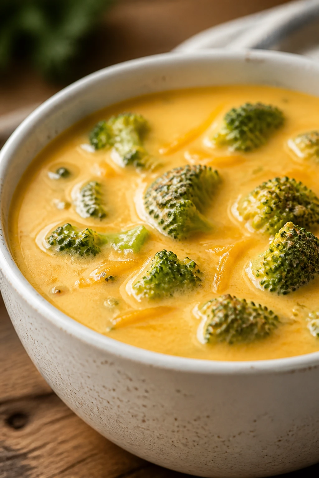 Close-up Broccoli Cheddar Soup with broccoli florets