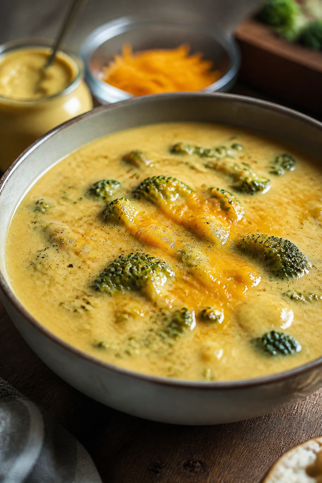 Broccoli cheddar soup in a bowl with broccoli and cheddar topping