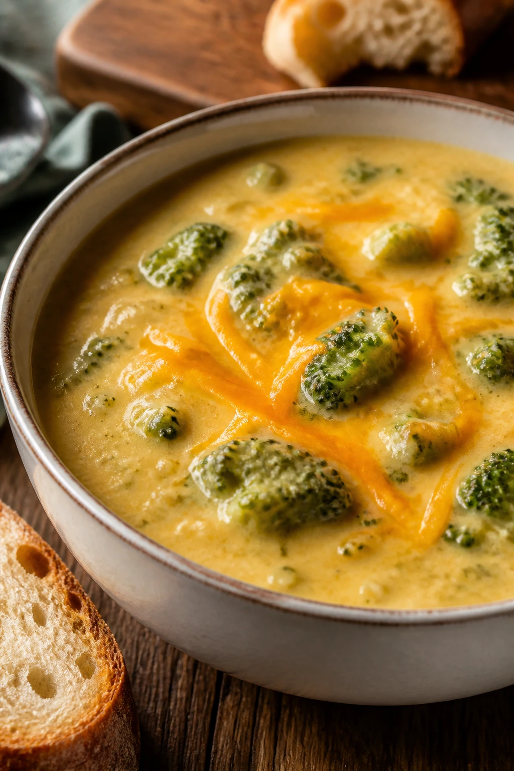 Steaming broccoli cheddar soup in a bowl with broccoli florets