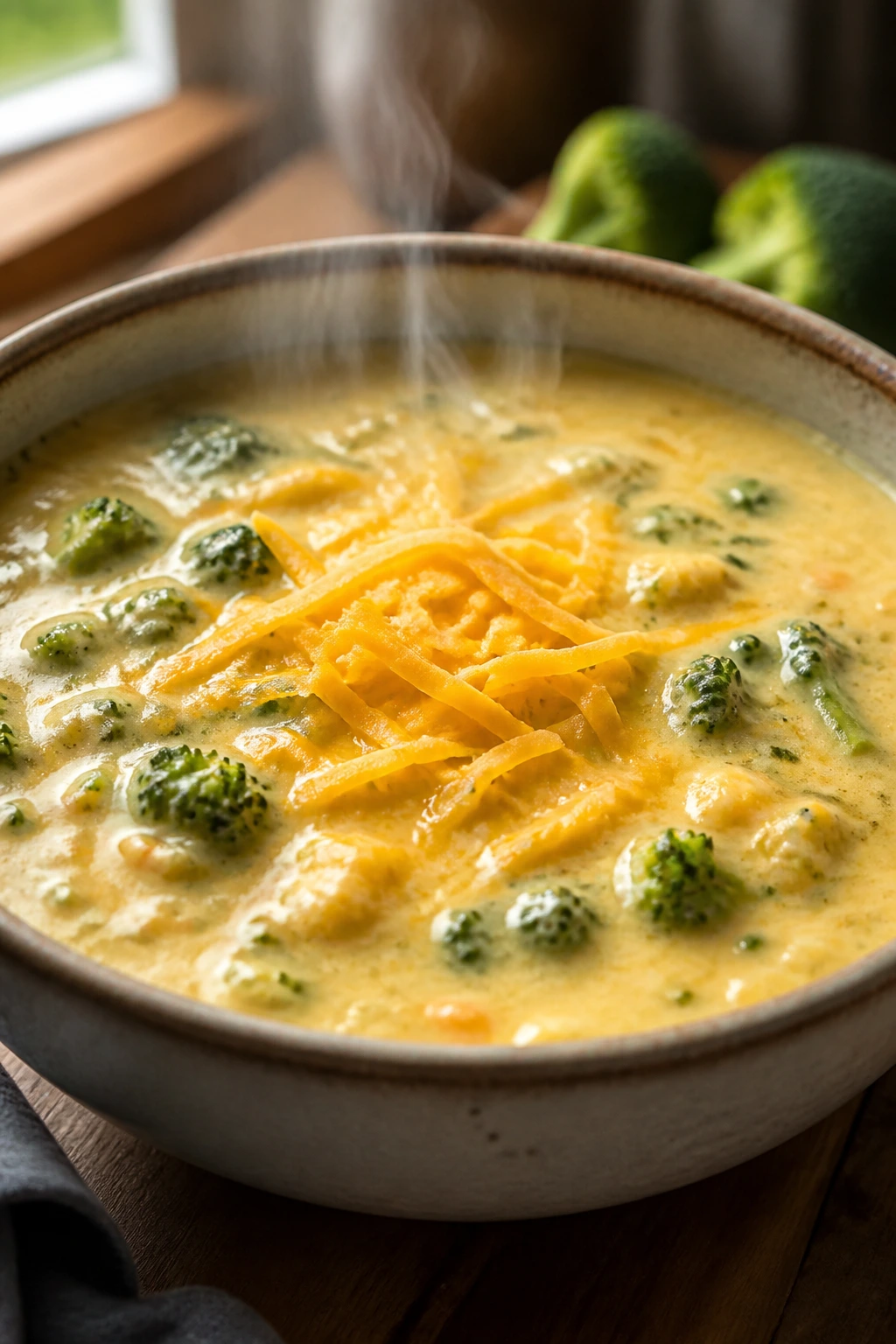 Close-up of broccoli cheddar soup in a bowl