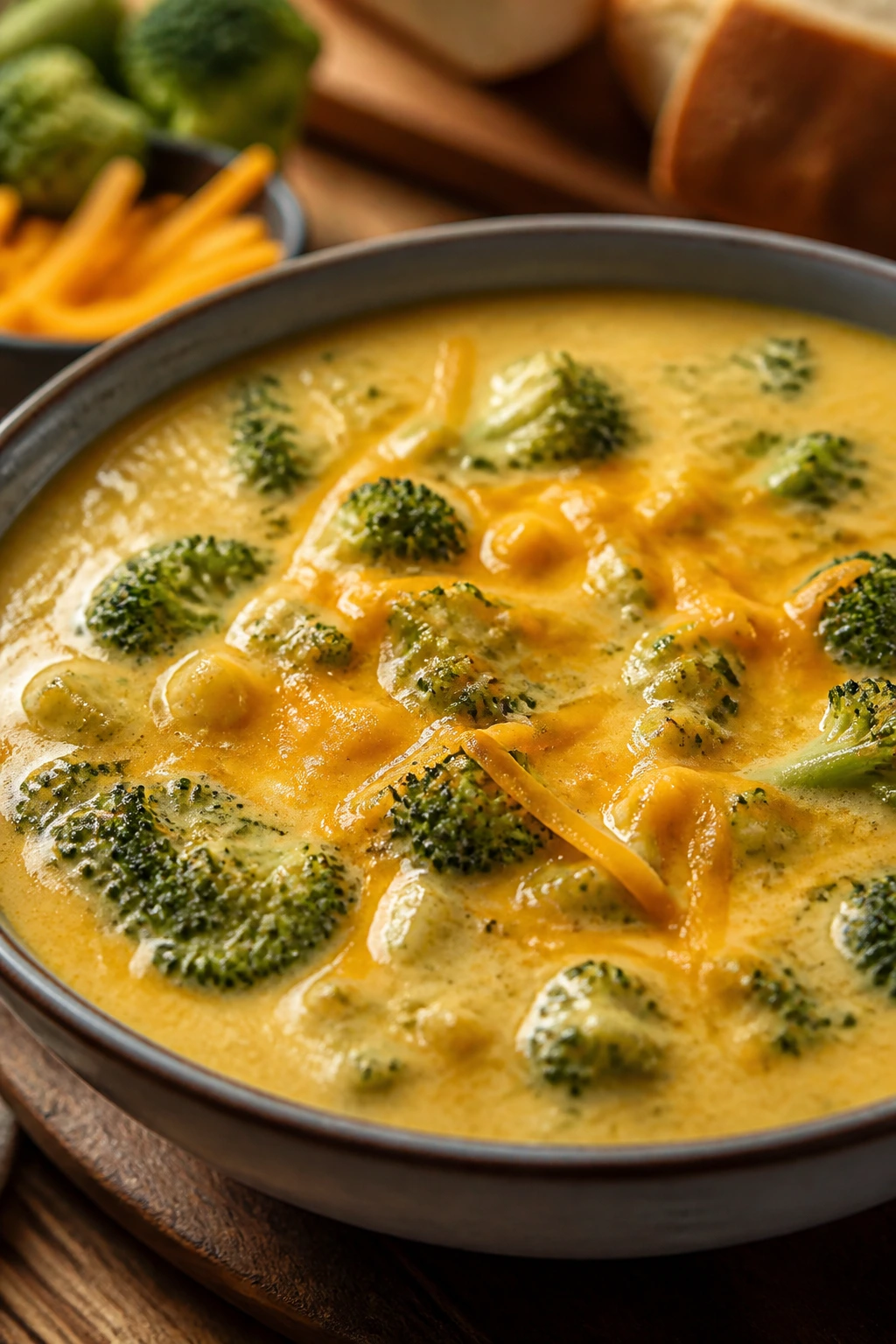 Close-up of Broccoli Cheddar Soup in a bowl