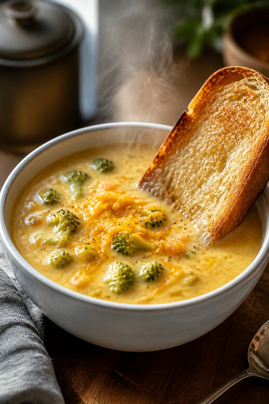 Creamy broccoli cheddar soup in a bowl with toast