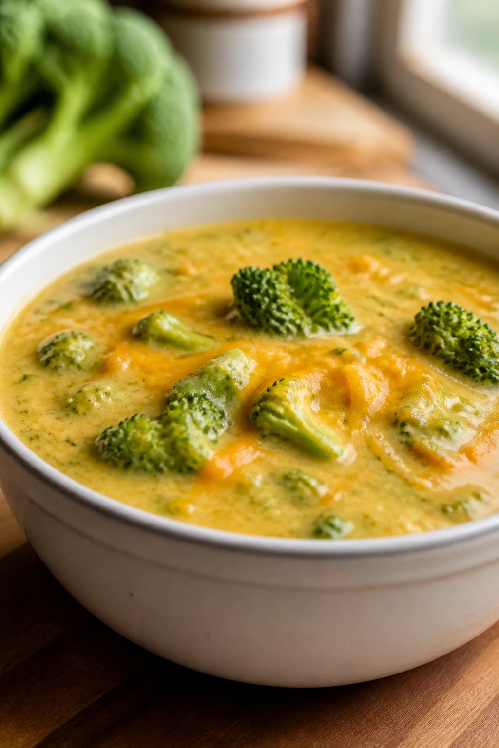 Creamy broccoli cheddar soup in a white bowl with broccoli pieces, warm kitchen setting.