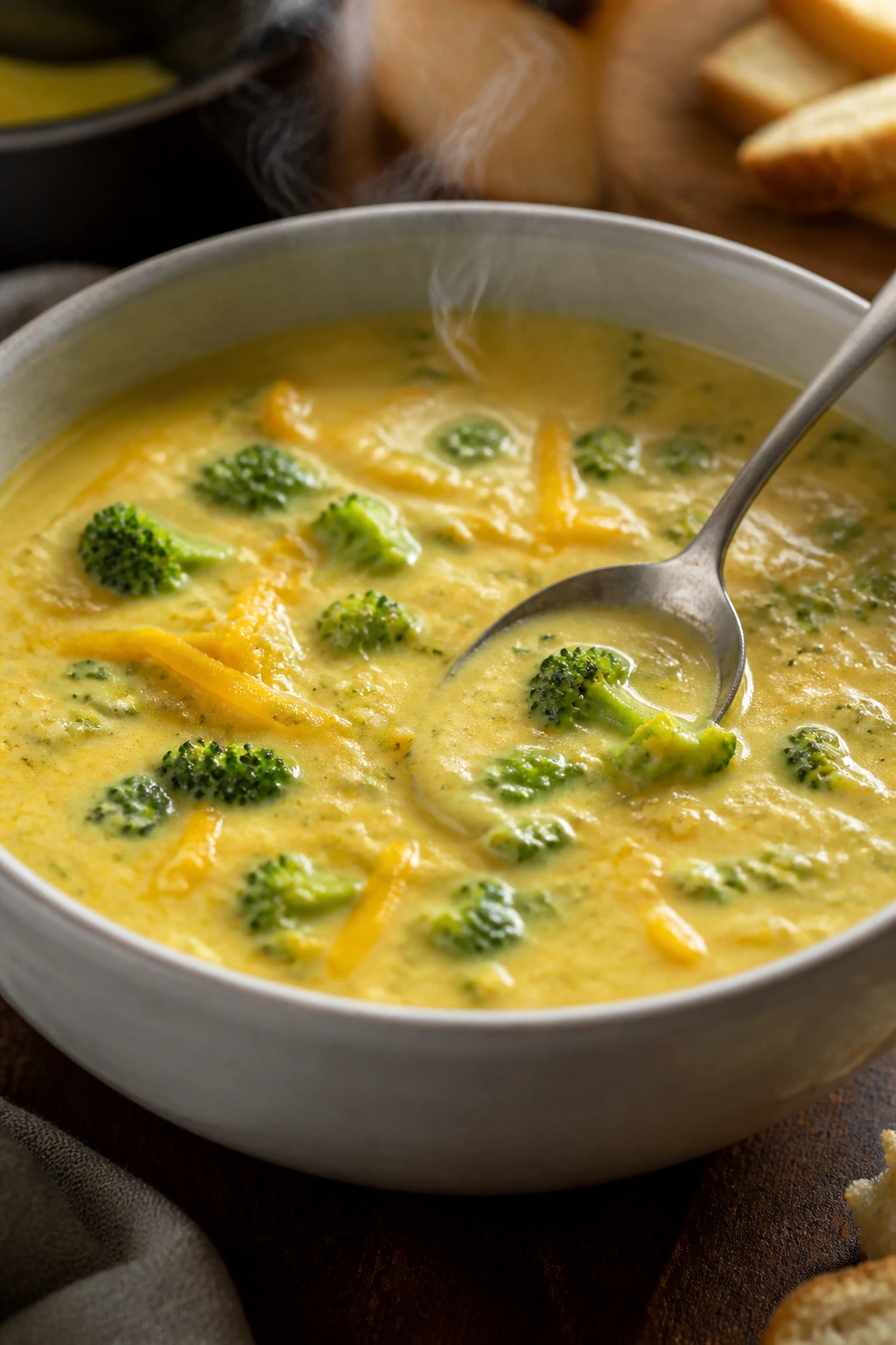 Creamy broccoli cheddar soup in a bowl with broccoli pieces