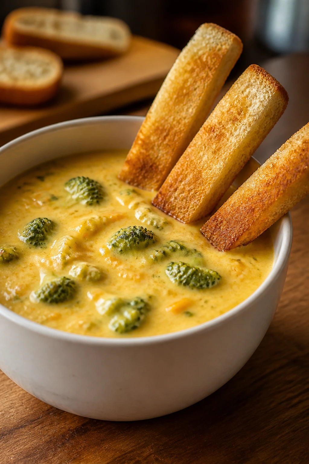 Creamy broccoli cheddar soup with toast soldiers in a bowl