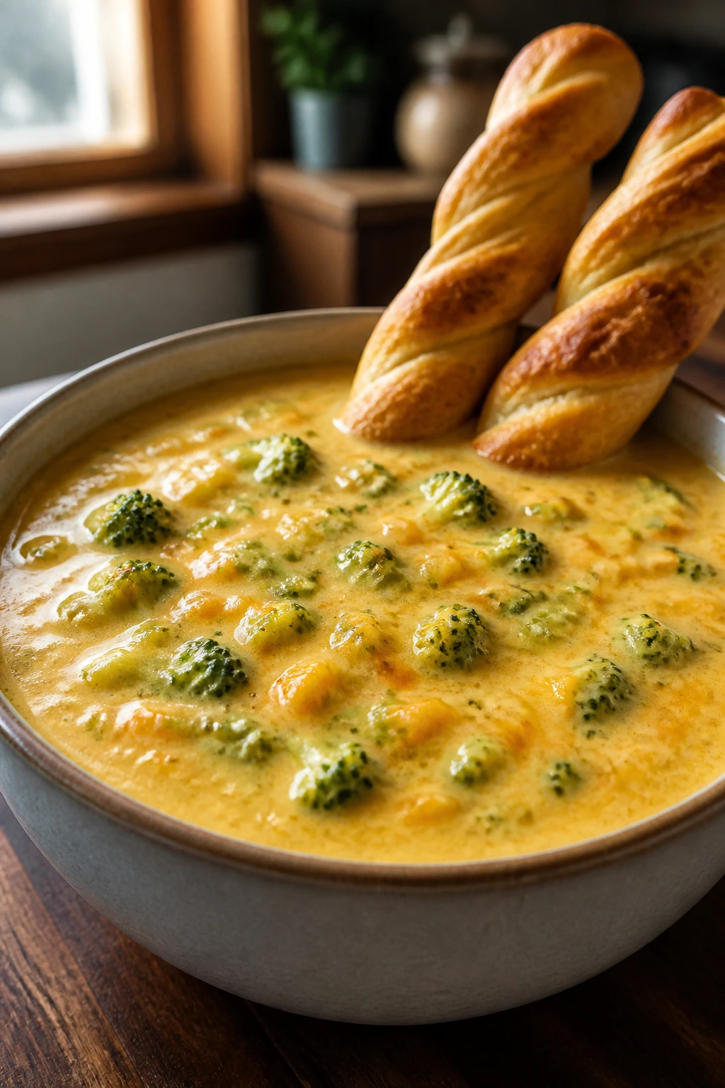 Close-up of broccoli cheddar soup with bread twists in a bowl