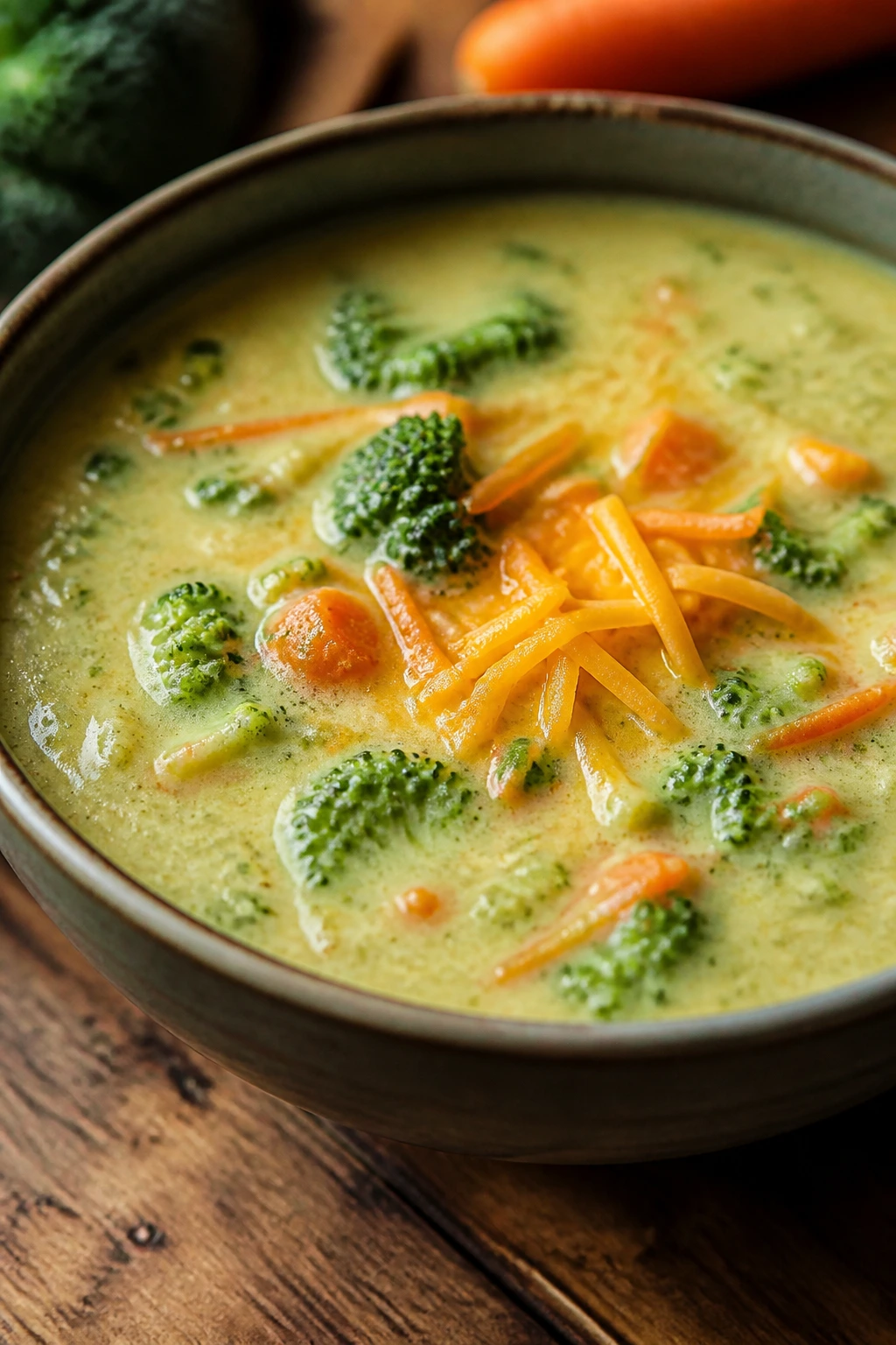 Close-up of broccoli cheddar soup with carrots in a bowl
