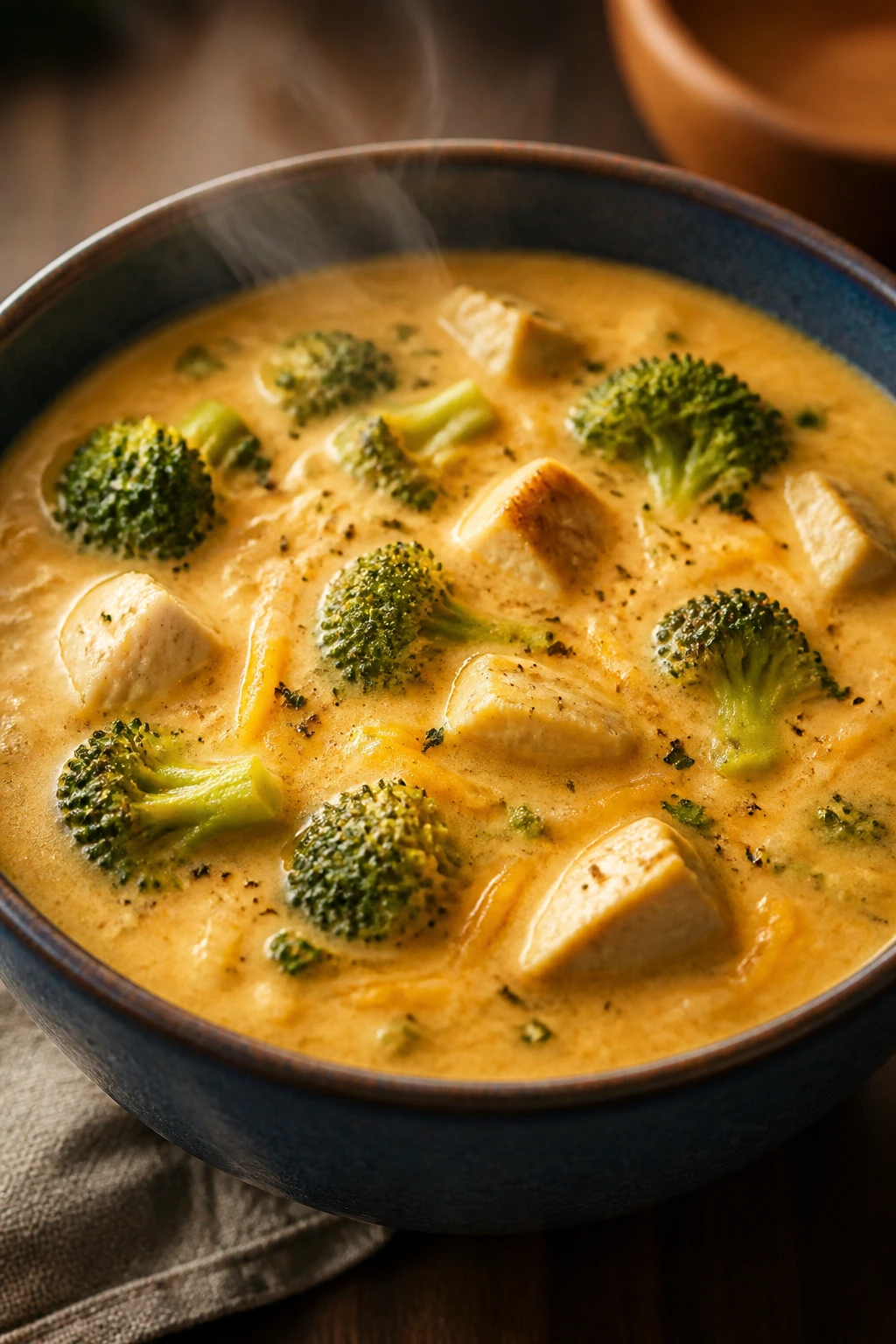 Deep bowl of broccoli cheddar soup with chicken and broccoli visible in creamy texture.