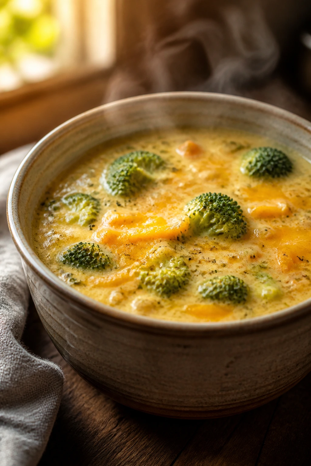 Close-up of a steaming broccoli cheddar soup in a bowl on a rustic kitchen table.
