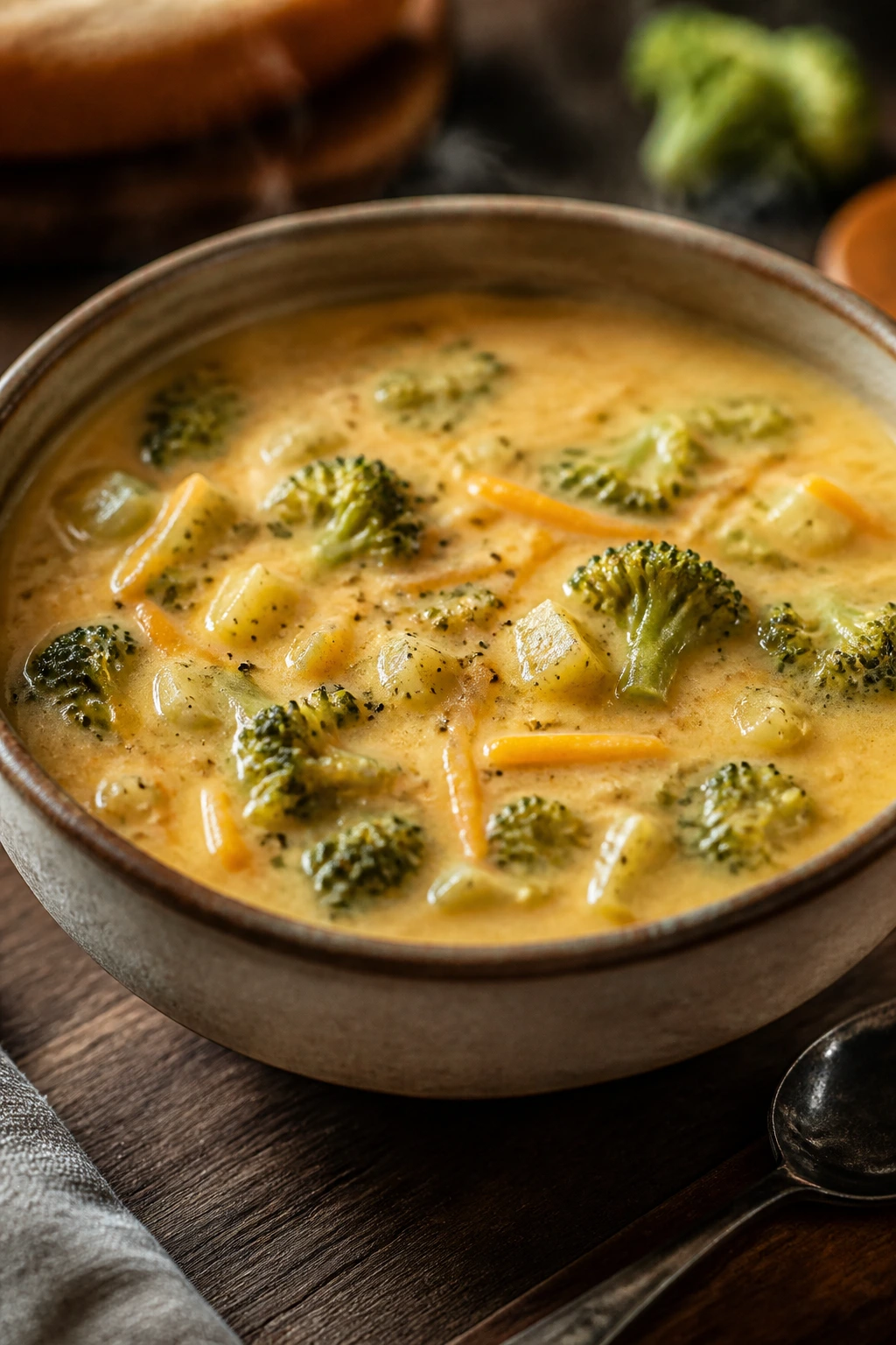 Steaming broccoli cheddar soup in a bowl with broccoli pieces and potato chunks