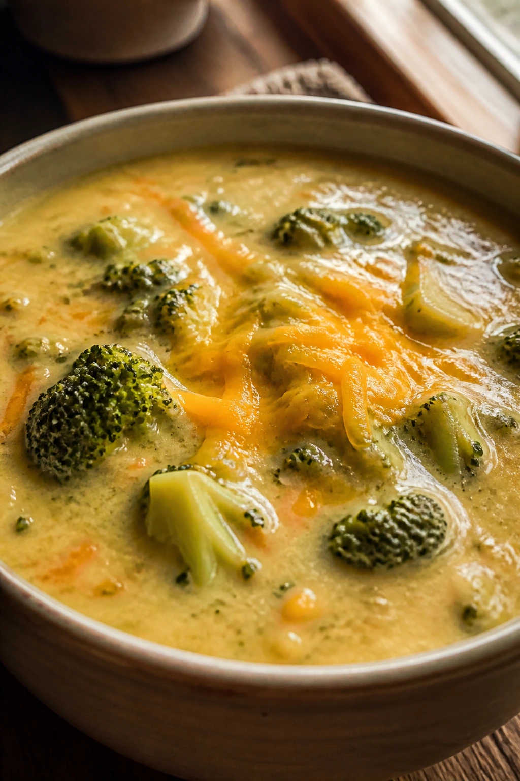 Creamy broccoli cheddar soup with broccoli pieces and cheddar on top