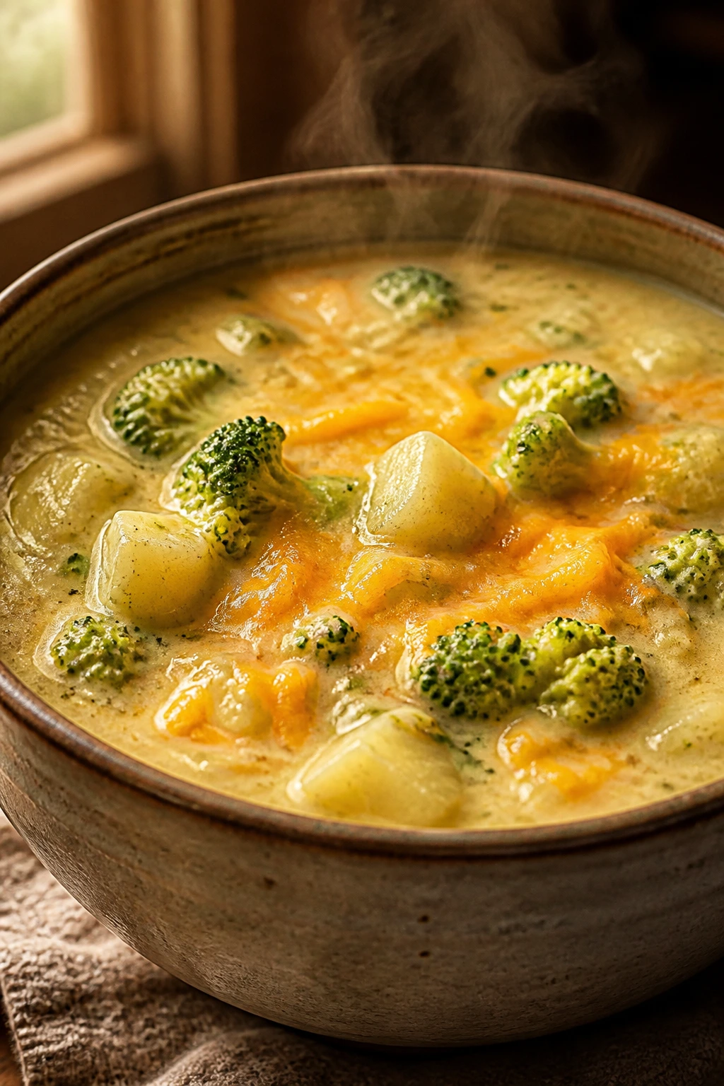 Close-up of thick broccoli cheddar potato soup in a bowl