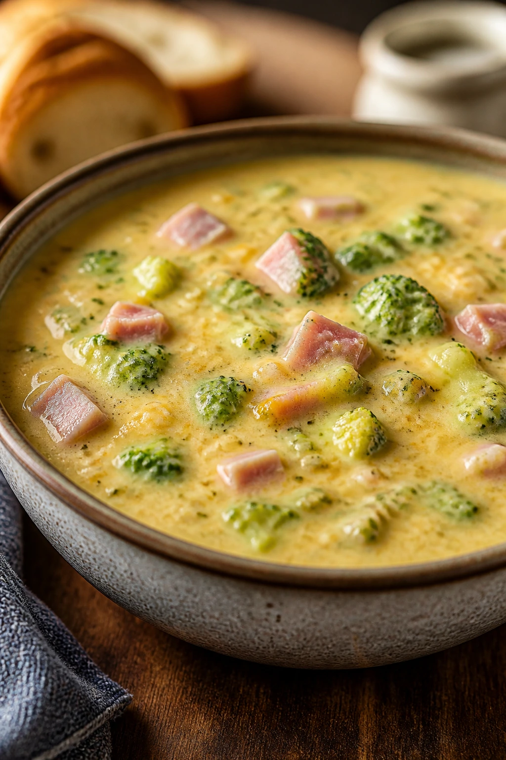 Thick broccoli cheddar soup with ham in a rustic bowl on a kitchen table