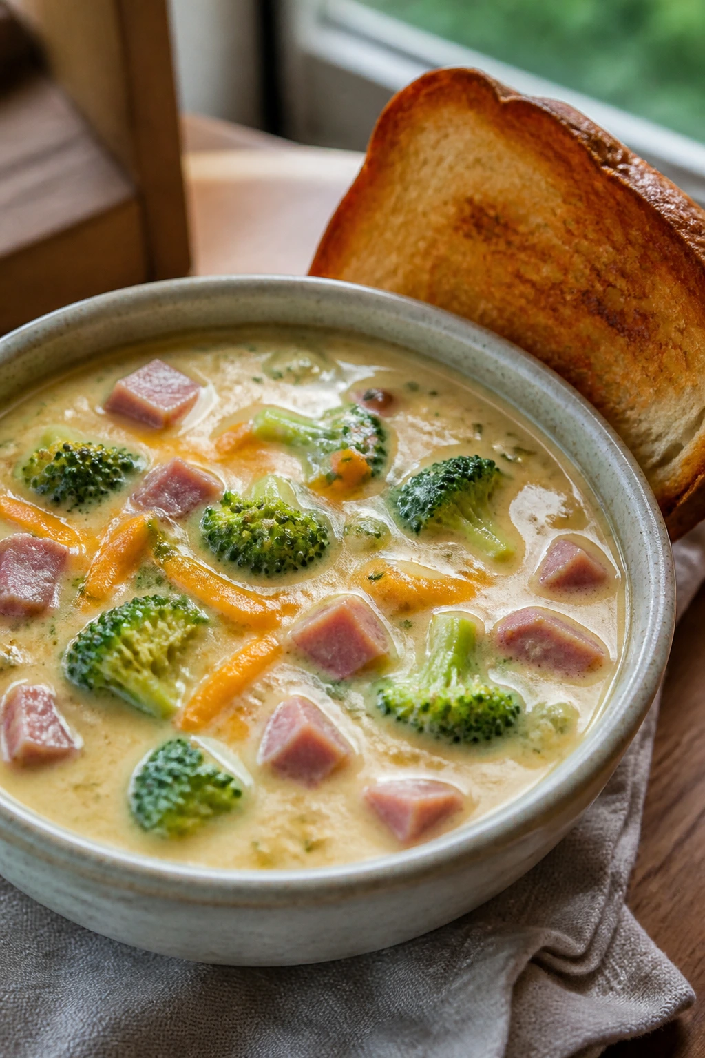 Bowl of broccoli cheddar soup with ham and a slice of toast