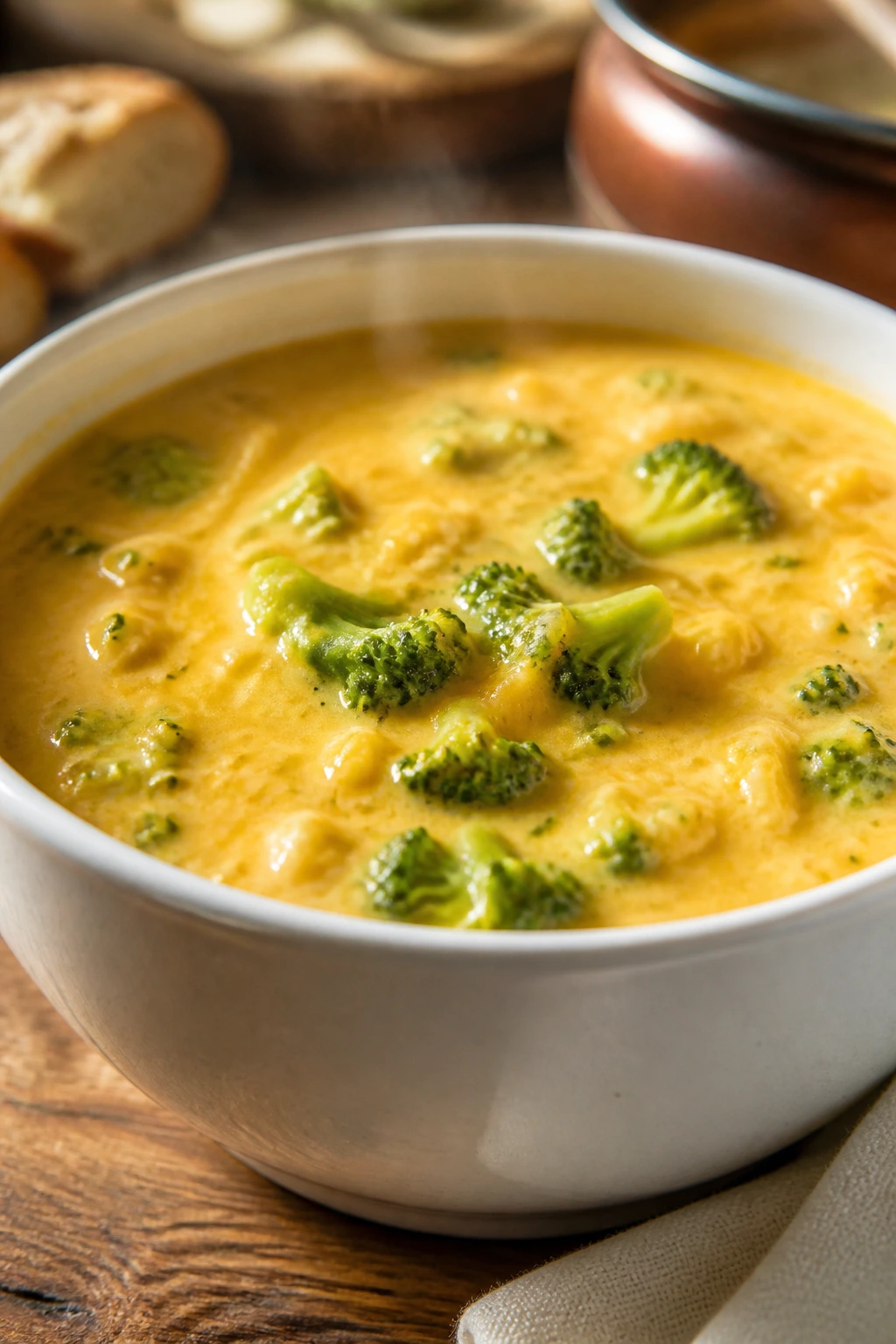 Close-up of creamy broccoli cheddar soup in a bowl, warm kitchen setting