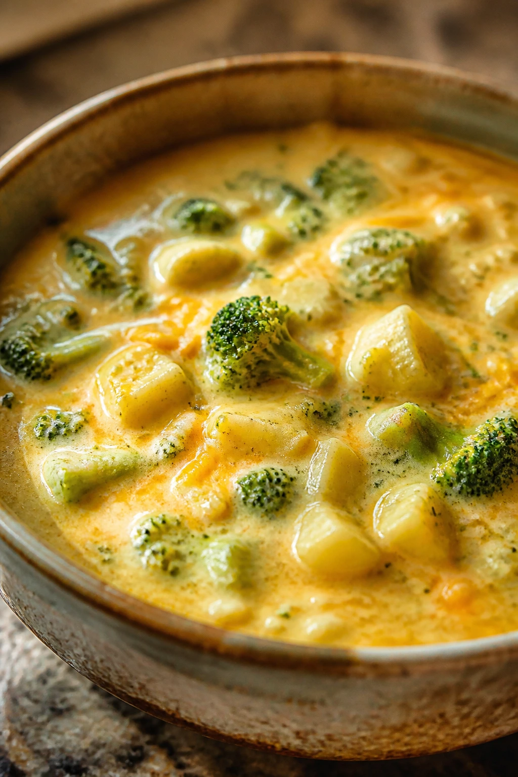 Creamy broccoli cheddar potato soup in a rustic bowl