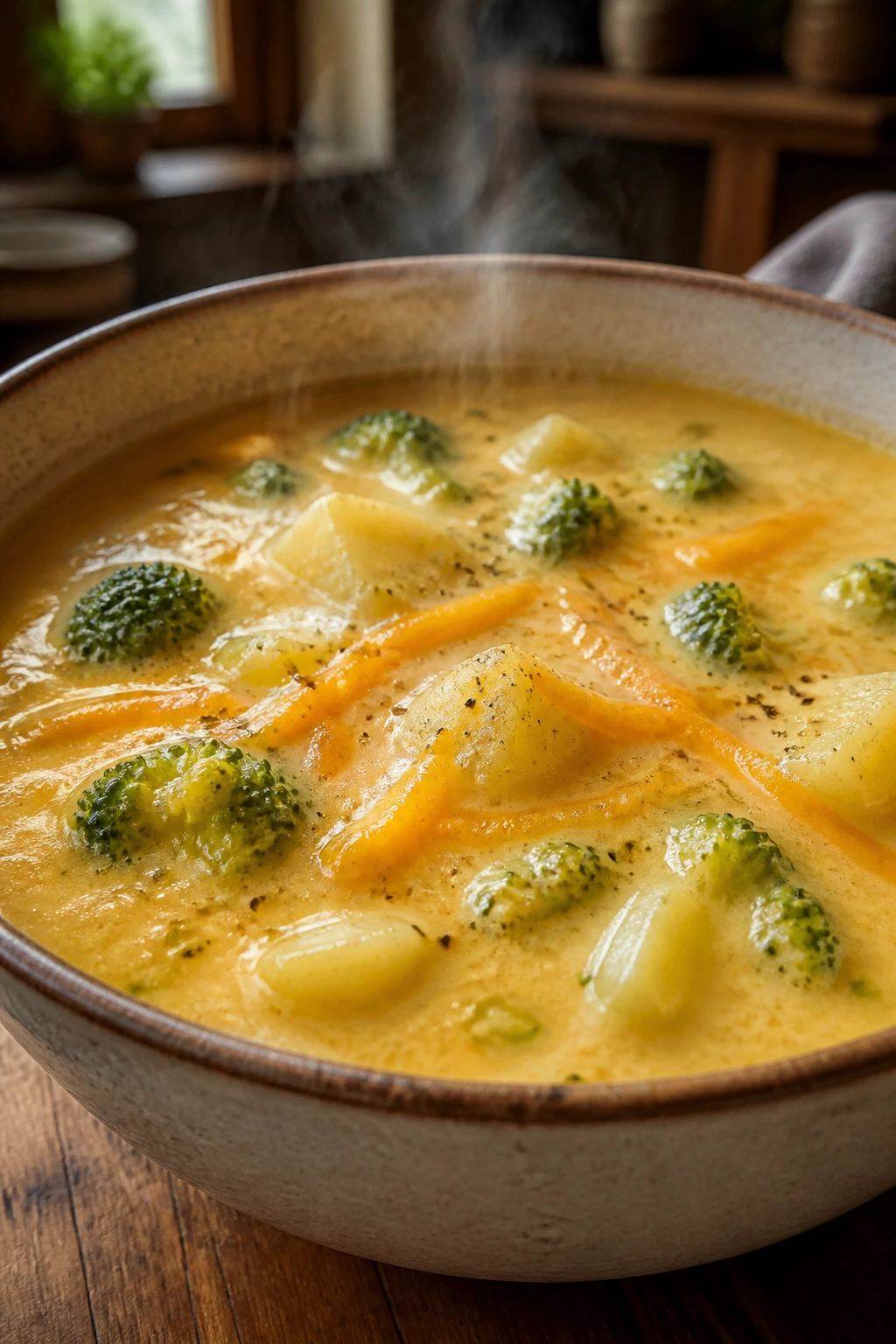 Close-up of broccoli cheddar soup with potatoes in a rustic bowl