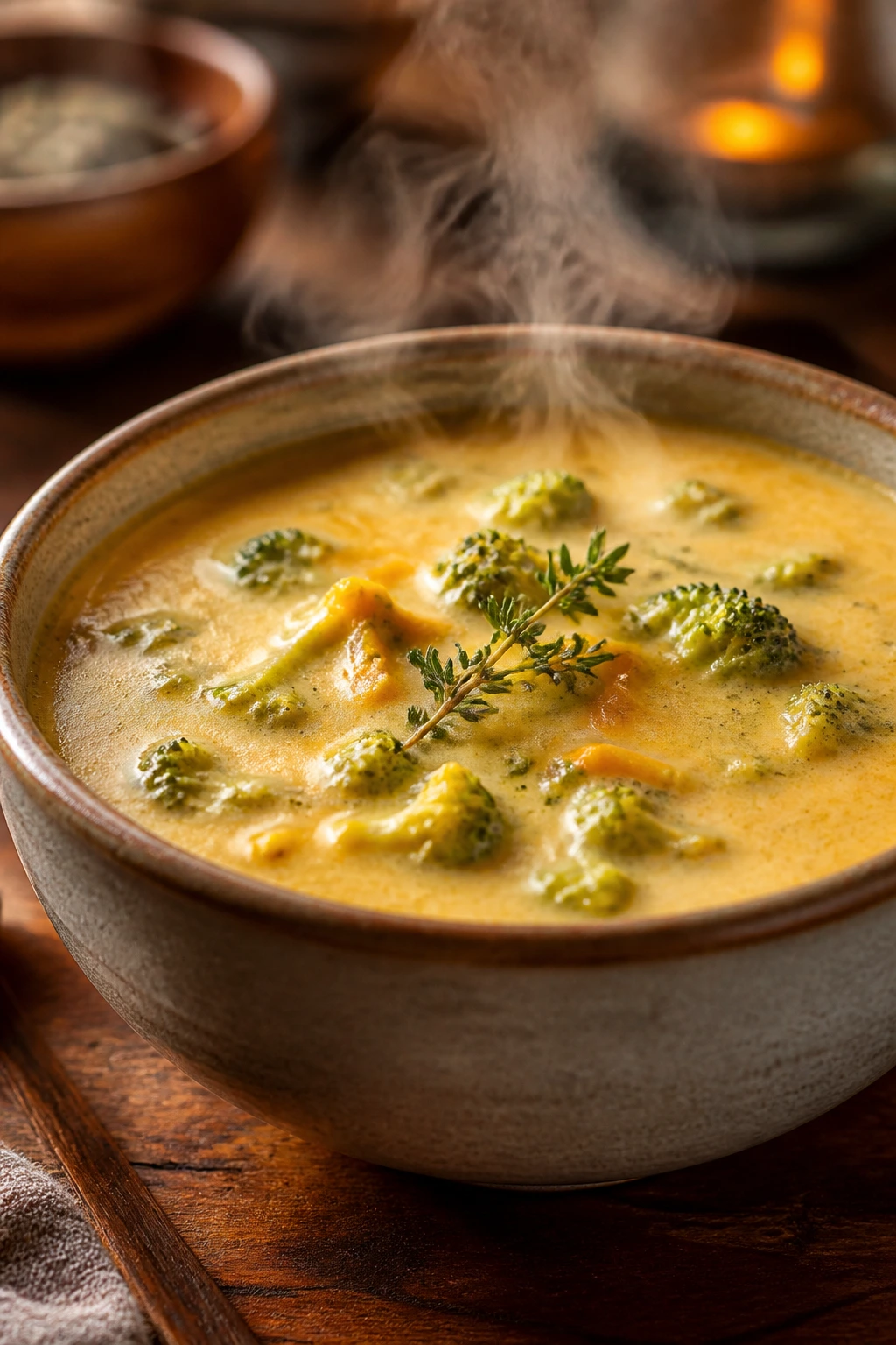 Steaming broccoli cheddar soup in a rustic ceramic bowl on a wooden table.