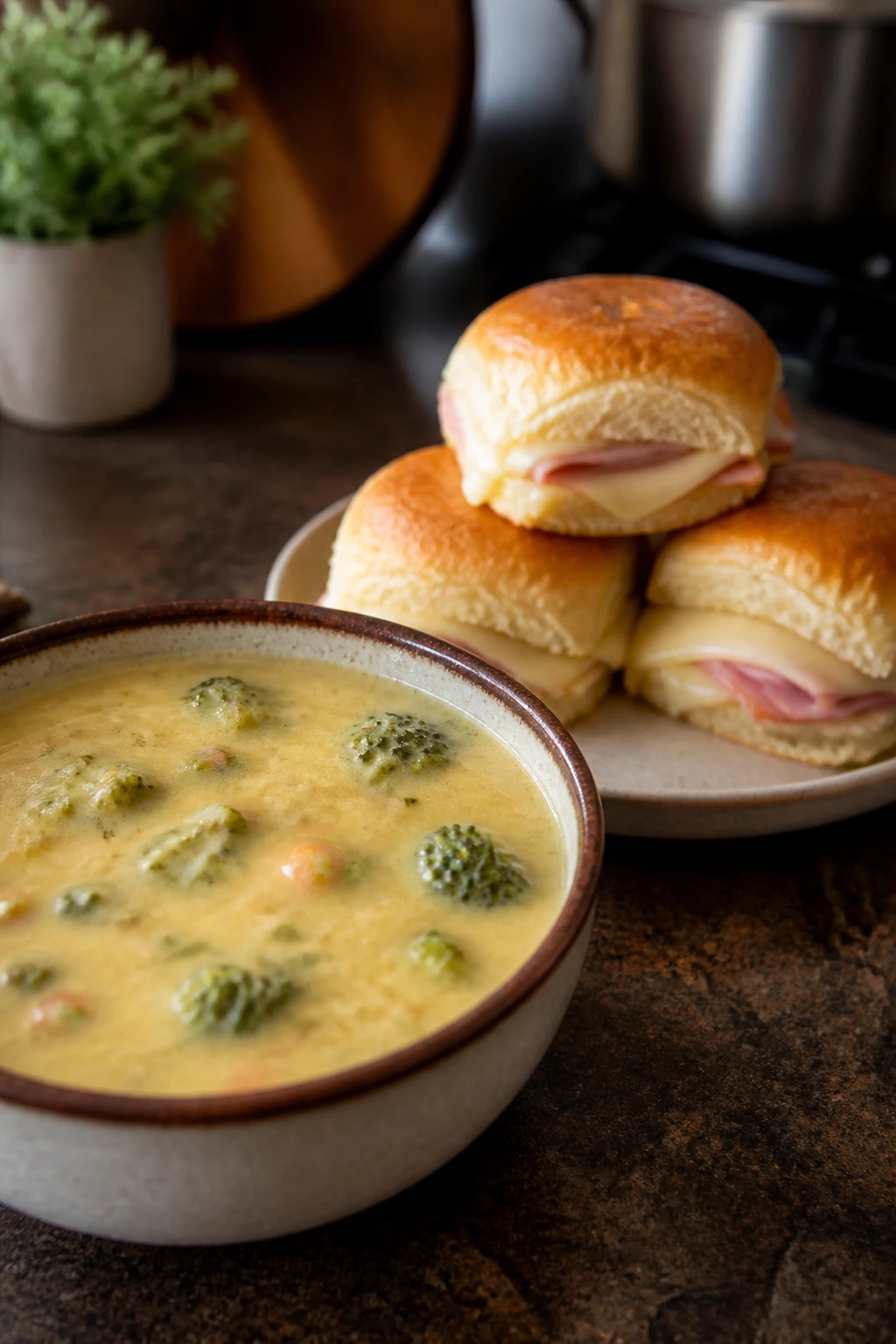 Creamy broccoli cheddar soup with ham and Swiss sliders on a rustic counter