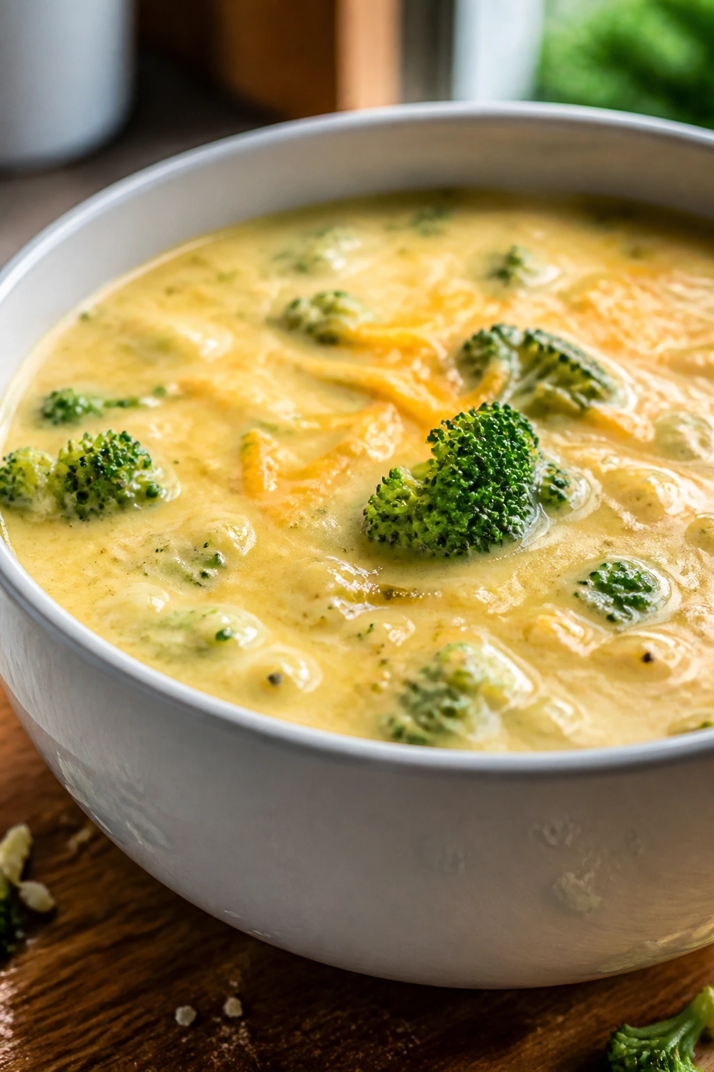 Close-up of thick broccoli cheddar soup in a white bowl on a wooden counter
