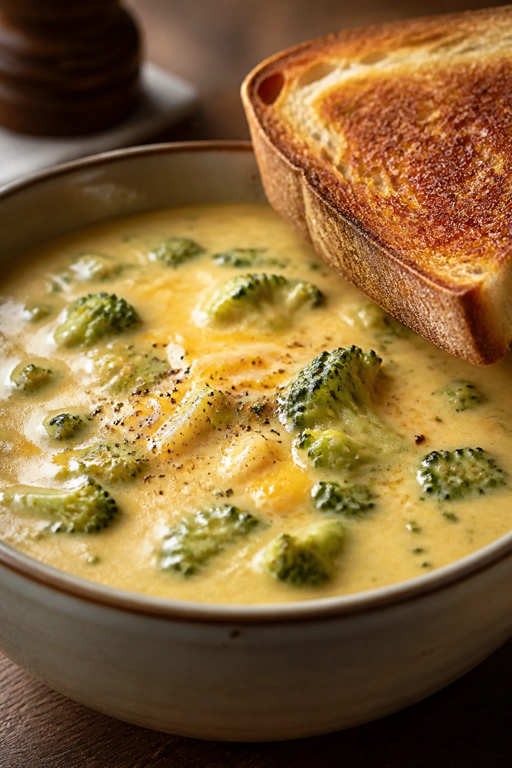 Close-up of broccoli cheddar soup with a slice of toast on the side