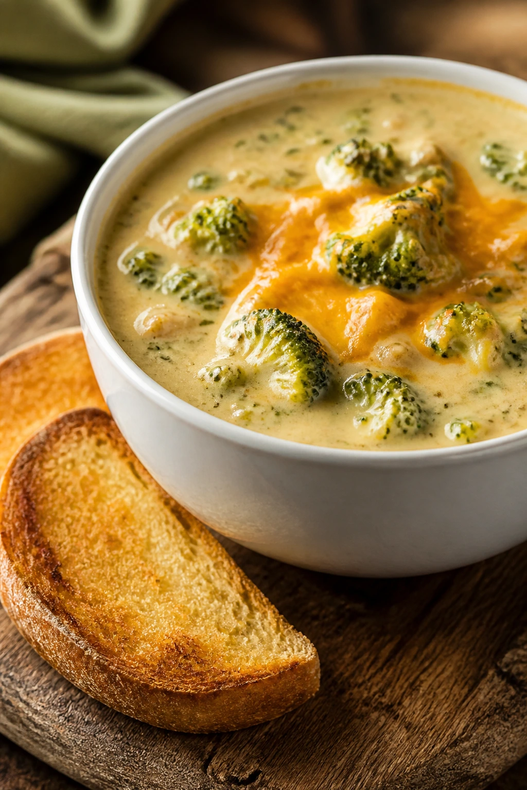 Creamy broccoli cheddar soup in a bowl with toast on wooden table
