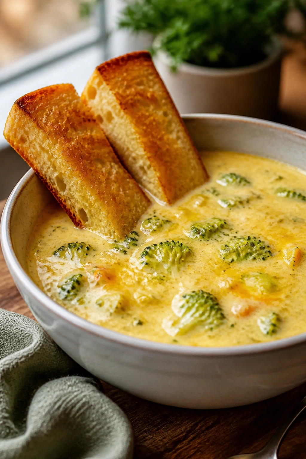 Creamy broccoli cheddar soup with toasted bread on a cozy kitchen table