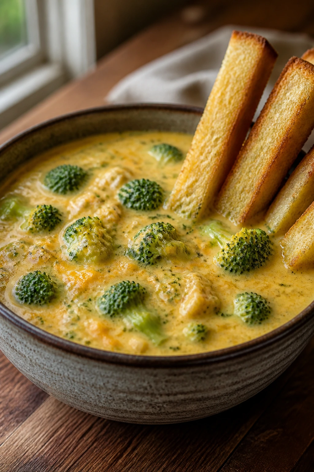 Creamy broccoli cheddar soup in rustic bowl with toast dippers