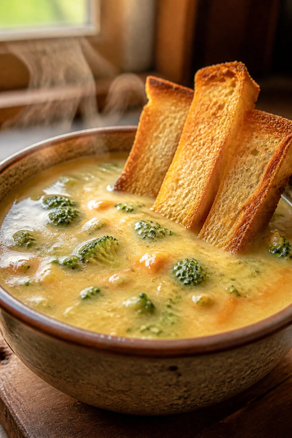 Creamy broccoli cheddar soup with toast dippers