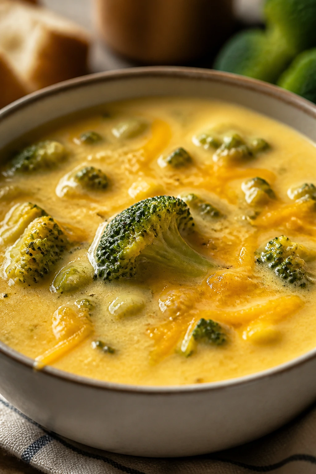 Close-up of broccoli cheddar soup in a bowl with broccoli pieces and cheddar