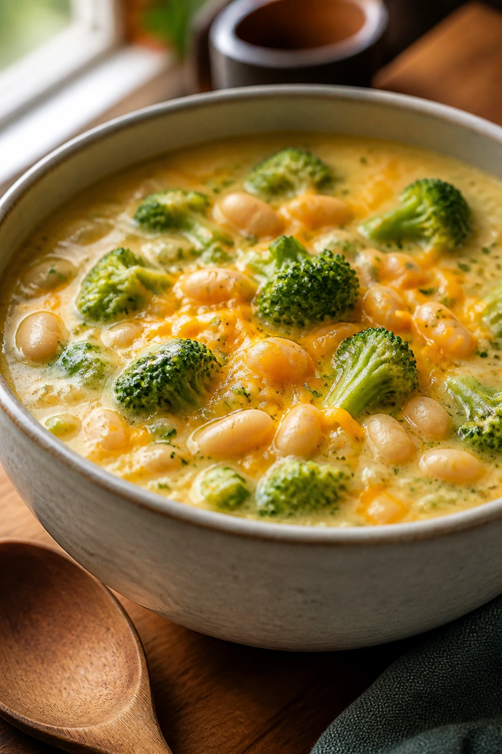 Close-up of Broccoli Cheddar White Bean Soup in a bowl with broccoli and cheddar