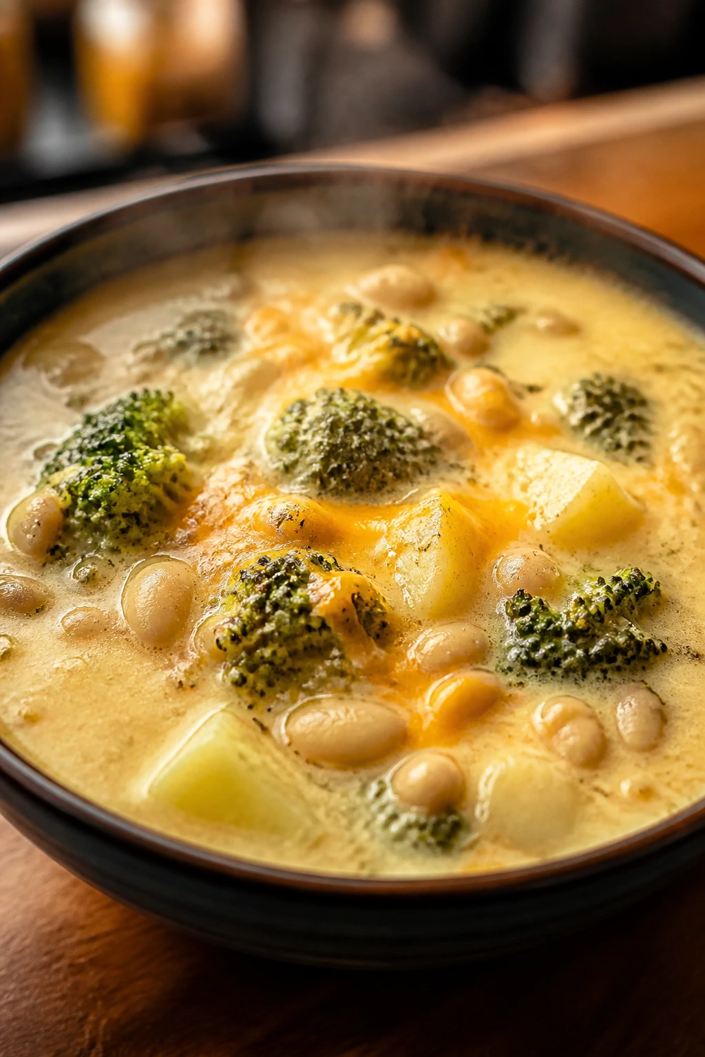 Steaming bowl of broccoli cheddar potato soup with white beans